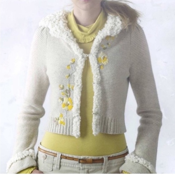 Sleeping On Snow Anthro Embroidered Cardigan Hoodie Crop Sweater Flowers Sherpa - Picture 2 of 10